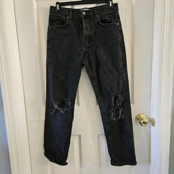 We The Free People Jeans Black Straight High Rise Distressed Button Fly Size 25 - Picture 1 of 2